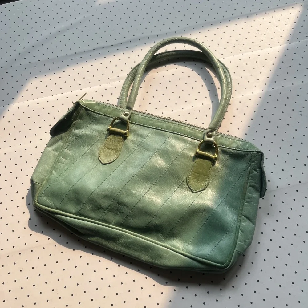 Vintage Mint Green Genuine Leather Satchel Purse Zip Top Brass Top Handle